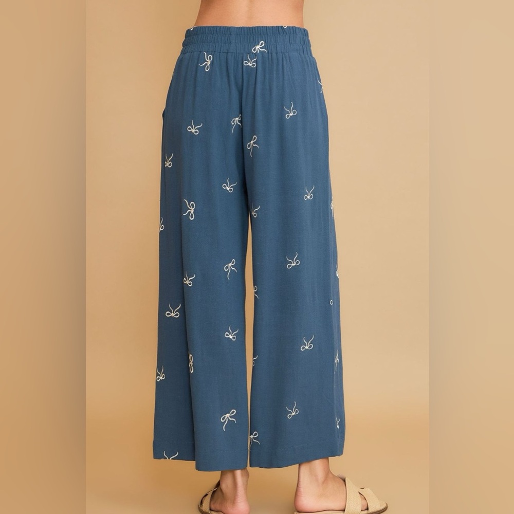 Umgee Full Size Lace Drawstring Embroidered Bow Wide Leg Pants Plus Size - Picture 3 of 4
